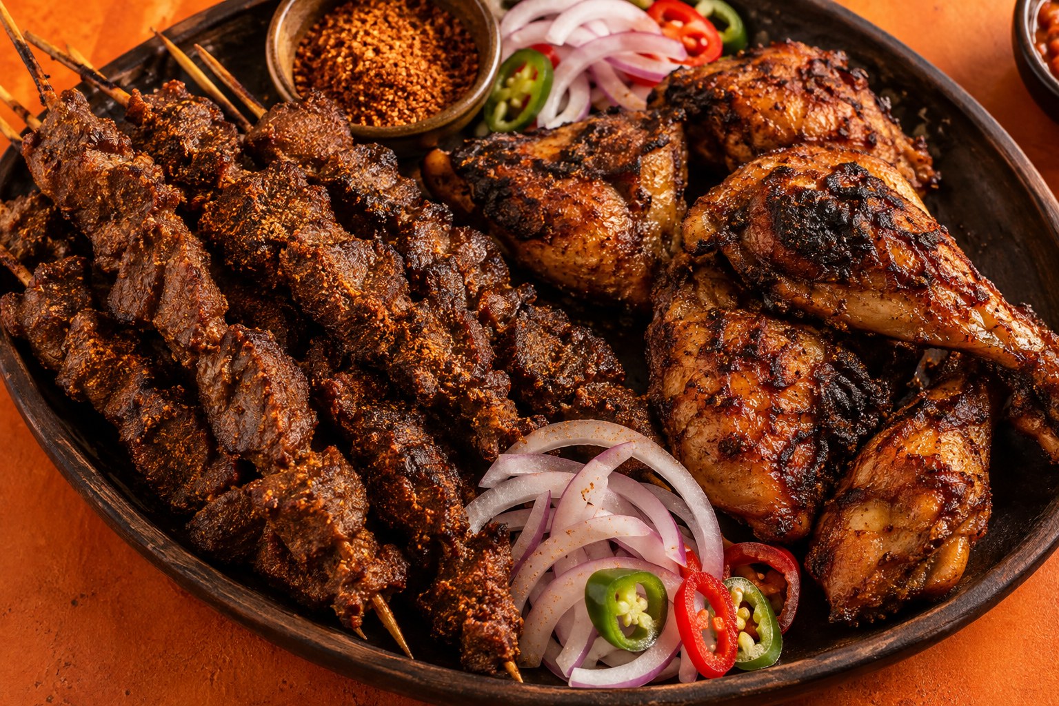 Suya skewers and grilled chicken on a platter